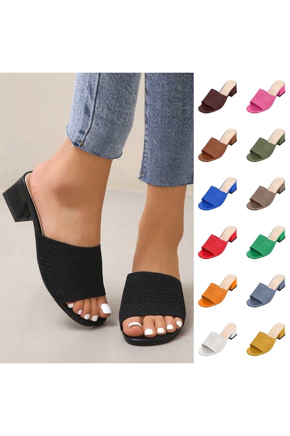 Women's Low Block Heels Sandals Open Toe Breathable Knit Slip-On Mules Chunky Summer Slides Dress Shoes Black Size 9.5