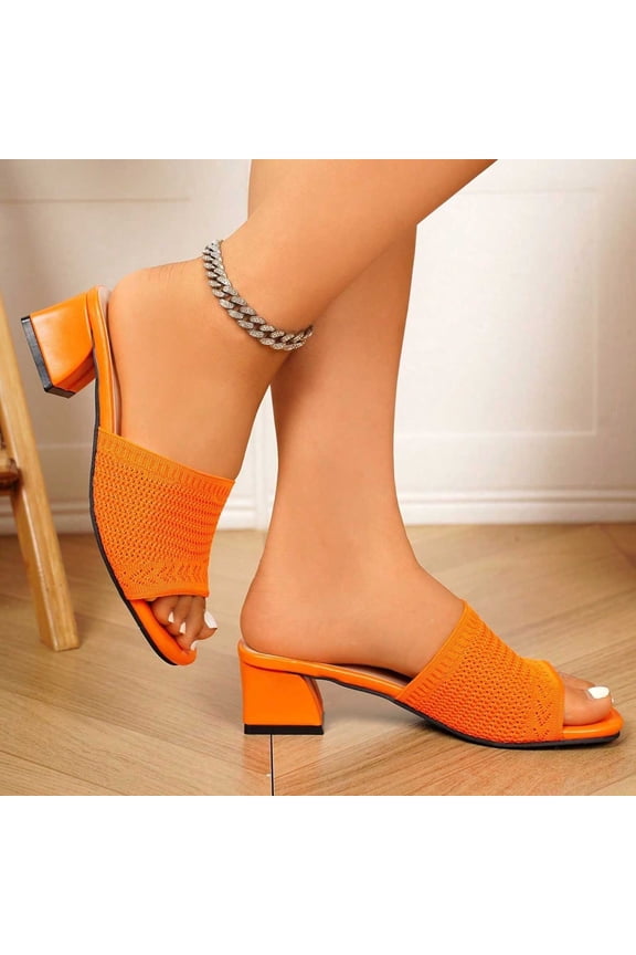 Women's Low Block Heels Sandals Open Toe Breathable Knit Slip-On Mules Chunky Summer Slides Dress Shoes Orange Size 7