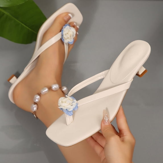 GERsome Women's Low Kitten Heels Flip-Flops Square Toe Slip-On Thong Sandals Wedding Party Dress Shoes for Summer Casual, Beige Size 7.5