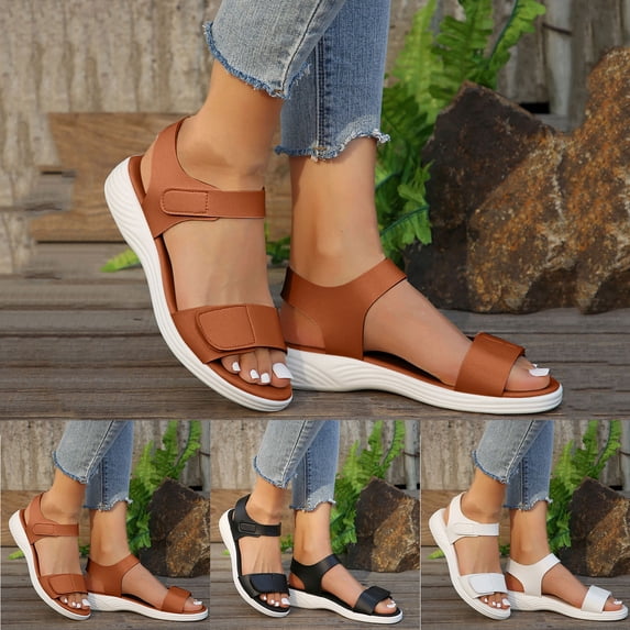 GERsome Women's Low Wedge Sandals Open Toe Ankle Strap Comfort Walking Summer Beach Slide Sandals, Brown Size 5.5