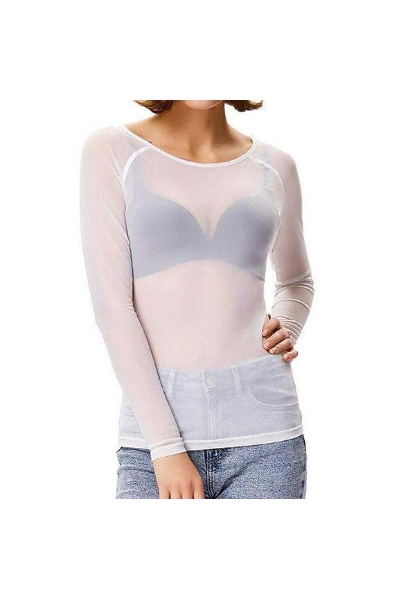 Women's Mesh Tops Long Sleeve Sheer Blouse Sexy Shirt High Neck Clubwear