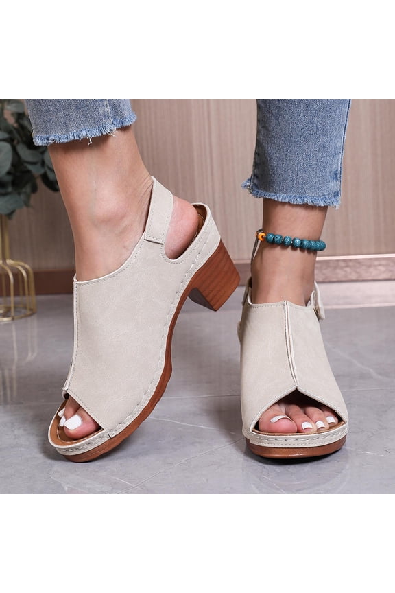 Women's Open Toe Block Heels Sandals Slingback Comfy Chunky Dress Shoes for Daily Wedding Party Beige Size 7