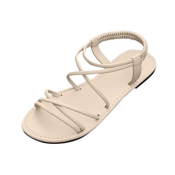 GERsome Women's Open Toe Flats Sandals Strappy Slip On Elastic Ankle Strap Comfort Summer Beach Walking Slides Sandal, Beige Size 6