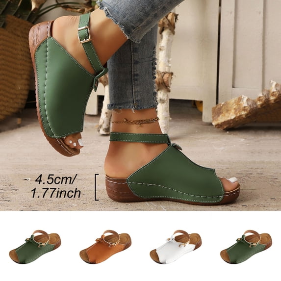GERsome Women's Open Toe Wedge Sandals Ankle Strap Comfort Slip On Walking Summer Beach Slide Sandals, Army Green Size 5.5