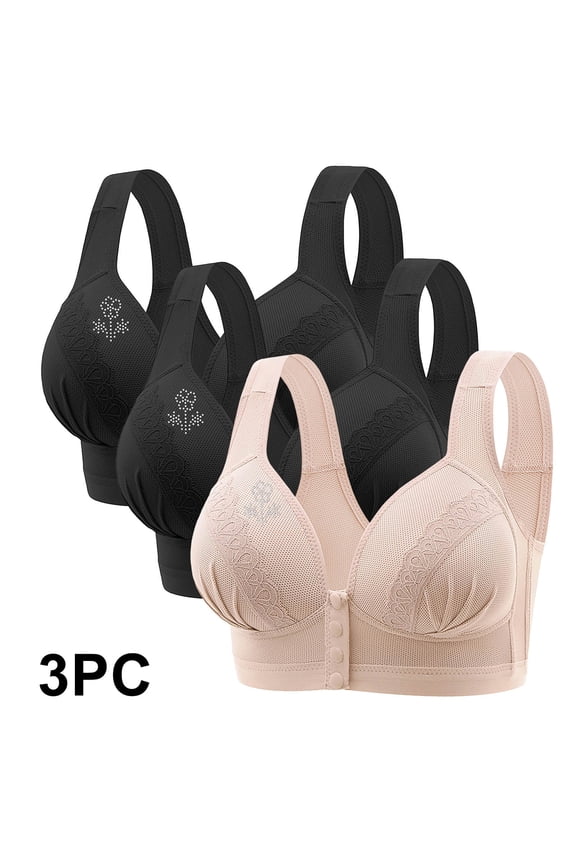 Women's Pack of 3 Assorted Color Front Closure Bras Comfort No Underwire Full Coverage Seamless Bra Convenient Snap Sleep Bra Wireless Bras for Women Plus Size Full Coverage XXL