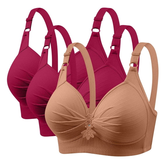 GERsome Women's Pack of 3 Push Up Bra Wireless Padded No Underwire Back Closure Bralettes Sports Bras Comfort Sleep Bra Full Coverage 3PC#2Red/Khaki XS
