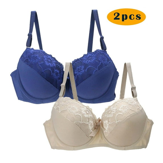 GERsome Women's Pack of 2 Assorted Colo Lace Wireless Push Up Bras Full Coverage Comfortable Soft V Neck No Underwire Support Push Up Everyday Bra