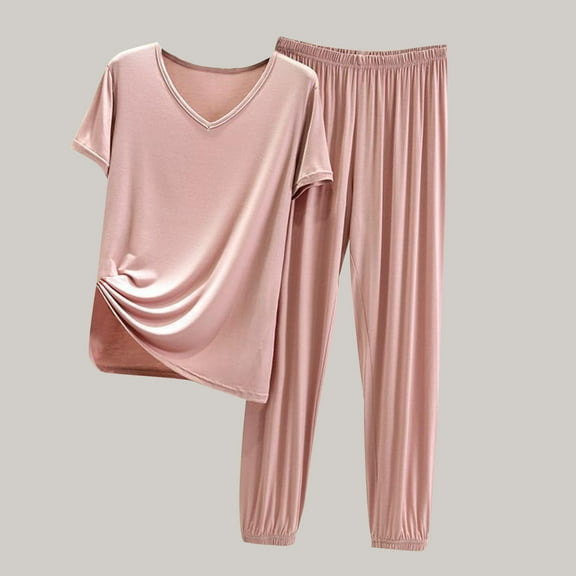 GERsome Women's Pajama Sets Short Sleeve V Neck Sleepwear Long Pants Nightwear Soft 2 Piece Pjs Lounge Sets M-2XL (Pink,L)