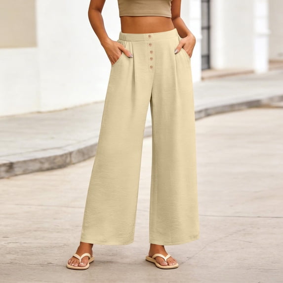 GERsome Women's Palazzo Pants Elastic Waist Wide Leg Summer Beach Travel Flowy Casual Lounge Trousers with Pockets, Beige,Size S