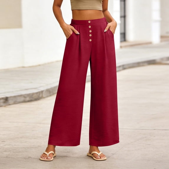 GERsome Women's Palazzo Pants Elastic Waist Wide Leg Summer Beach Travel Flowy Casual Lounge Trousers with Pockets, Red,Size XL