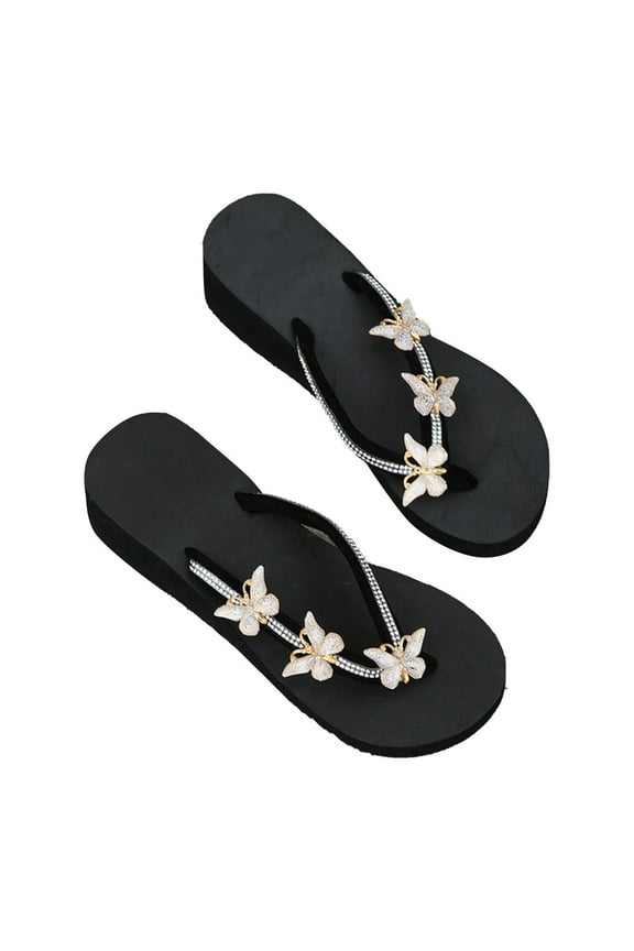Women's Platform Rhinestone Flip Flops, Casual Wedges Sandals With Arch Support, Summer Chunky Heeled Slides, Beach Thong Slippers