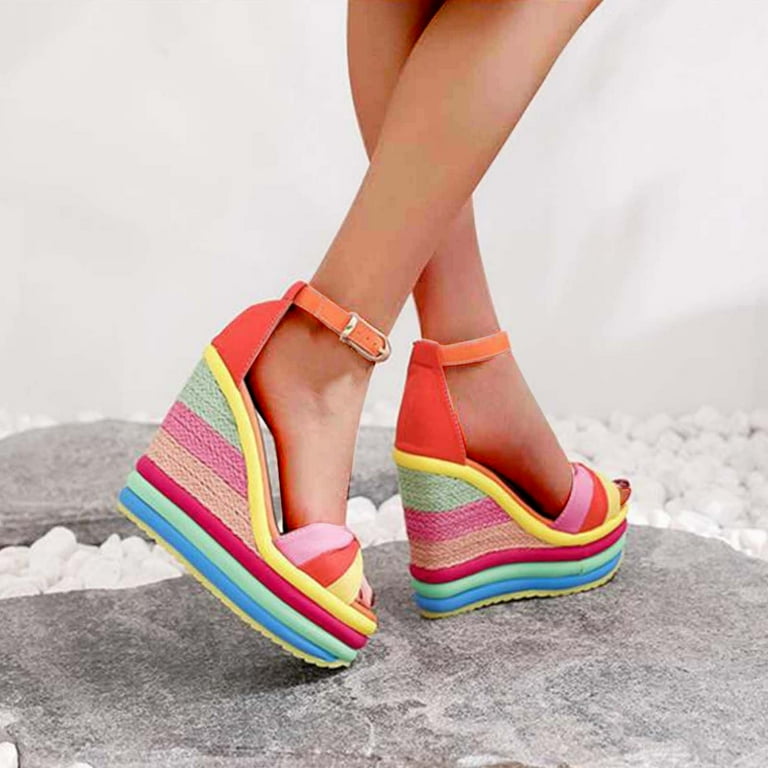 GERsome Women s Platform Sandals Wedge Ankle Strap Open Toe Rainbow Sandals Walmart