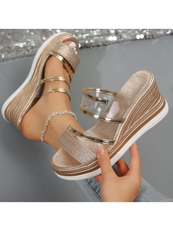 Women's Platform Wedge Sandals Open Toe Slip-On Slides Comfort Heels Summer Shoes, Gold Size 5.5