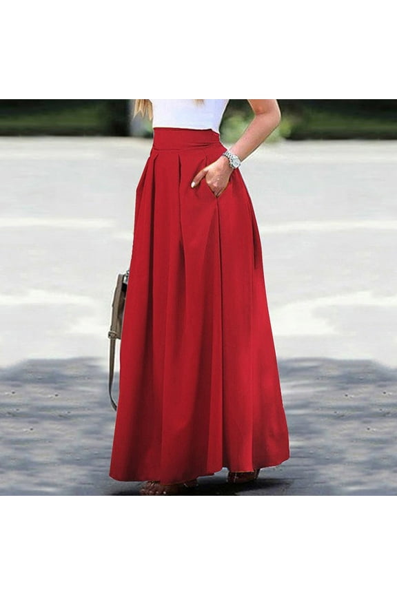 Women's Pleated Long Skirts High Waisted A-Line Swing Skirt Ankle Length Flowy Maxi Skirts with Pockets