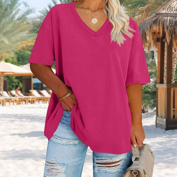 GERsome Women's Plus Size T Shirt V Neck Short Sleeve Tops Loose Fit Casual Solid Color Basic Elegant Tunic