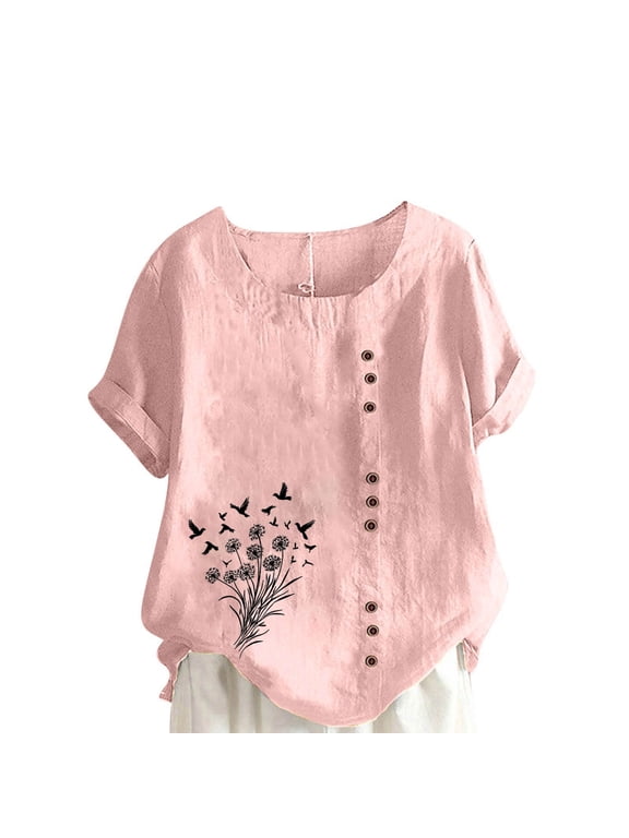 Women's Plus Size T Shirts Short Sleeve Crew Neck Floral Tops Summer Loose Fit Button Up Tee Shirts, Sizes S-5XL