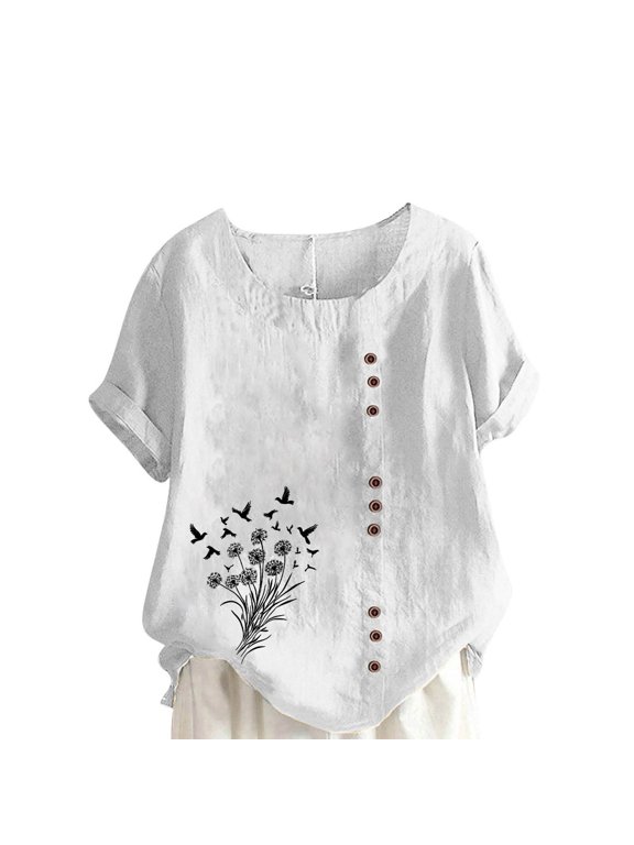 Women's Plus Size T Shirts Short Sleeve Crew Neck Floral Tops Summer Loose Fit Button Up Tee Shirts, Sizes S-5XL