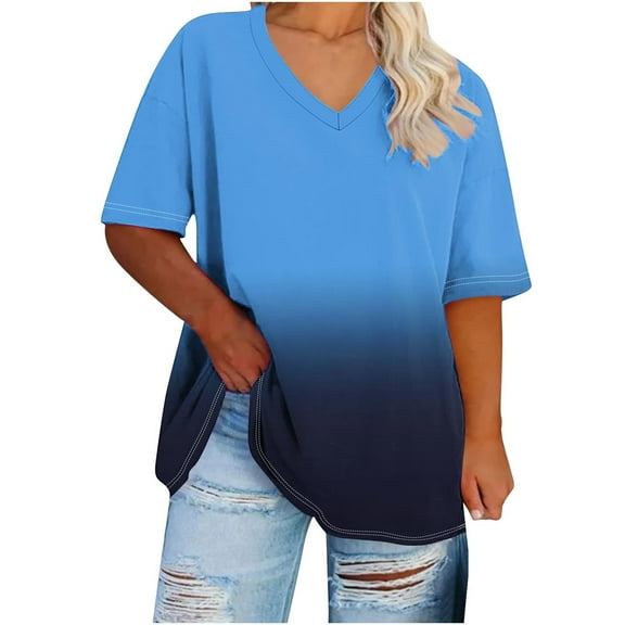 GERsome Women's Plus Size V Neck T Shirts Half Sleeve Oversized Tees Casual Color Block Summer Loose Fit Tunic Tops XL-5XL