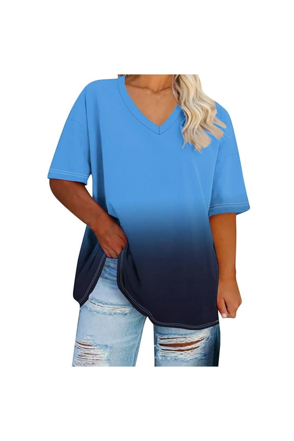 Women's Plus Size V Neck T Shirts Half Sleeve Oversized Tees Casual Color Block Summer Loose Fit Tunic Tops XL-5XL