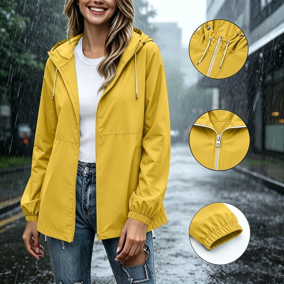 GERsome Women's Rain Jacket Full Zip Waterproof Lightweight Rain Coat with Packable Pocket for Travel Hiking Yellow XL