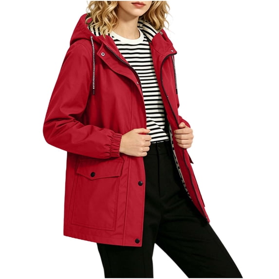 GERsome Women's Raincoat Long Sleeve Waterproof Hooded Jacket for Outdoor Hiking Travel Windbreaker Red L