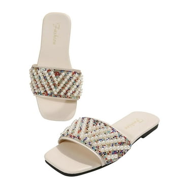 GERsome Women's Rhinestone Flat Sandals Slip on Open Toe Slide Sandals