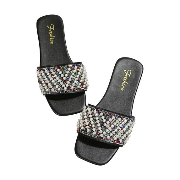 GERsome Women's Rhinestone Flat Sandals Slip on Open Toe Slide Sandals