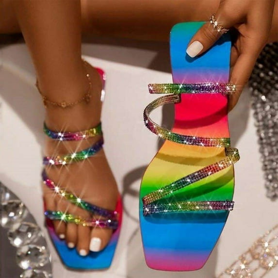 GERsome Women's Rhinestone Flat Sandals Strappy Slip on Open Toe Slide Sandals