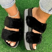 GERsome Womens Rhinestone Fluffy Slippers Platform Slippers Ladies Fashion Open Toe Faux Fur Sliders Womens Slipper for Summer Beach Oceanside Holiday Outdoor