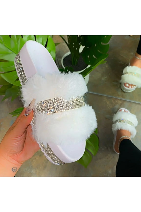 Women's Rhinestone Fluffy Slippers Platform Slippers Ladies Fashion Open Toe Faux Fur Sliders Womens Slipper