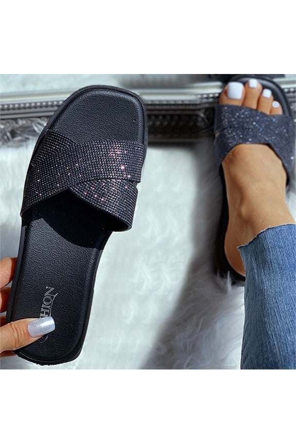 Women's Rhinestone Sandals Slide Glitter Bling Casual Sandal Flat Open Toe Sparkle Slides Summer Beach Travel Sandals