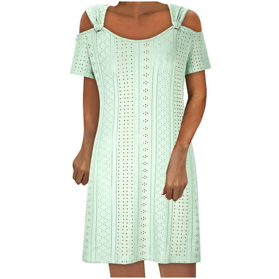 GERsome Women's Round Neck Cold Shoulder Sleeveless Tanks Dress Summer Solid Color Short Sleeve Casual T Shirt Swing Dress Summer Beach Sundress