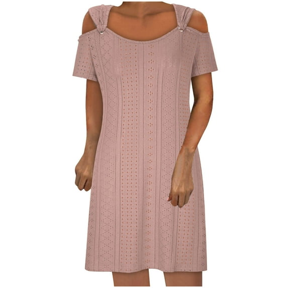 GERsome Women's Round Neck Cold Shoulder Sleeveless Tanks Dress Summer Solid Color Short Sleeve Casual T Shirt Swing Dress Summer Beach Sundress