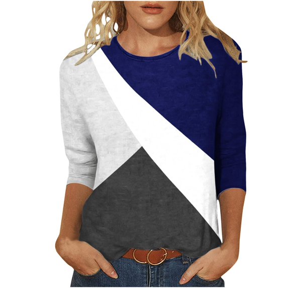 GERsome Women's Round Neck Color Block Stripe T-Shirt 3/4 Sleeve Slim Fit Soft Breathable Comfy Tee Shirts