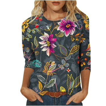 GERsome Women's Round Neck Tops Sale Floral Print T-Shirt 3/4 Sleeve Slim Fit Soft Breathable Comfy Tee Shirts