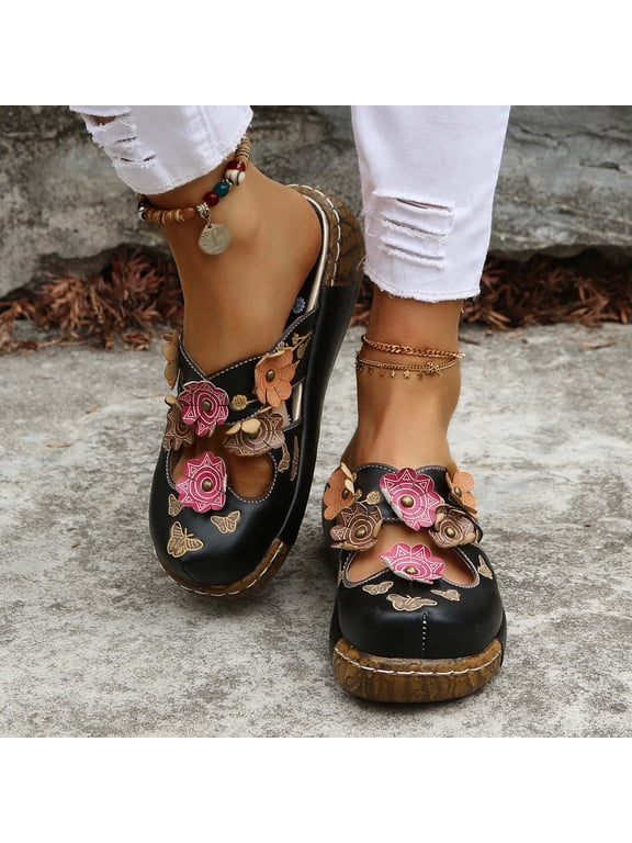 Women's Sandals Comfortable Wedge Sandals with Arch Support Summer Casual Closed Toe Slip-on Slipper Flower Hollow Platform Slides Flip Flops