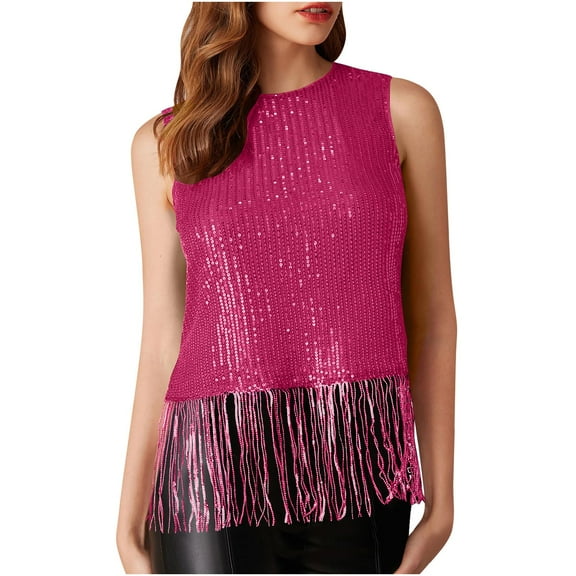 GERsome Women's Sequin Tank Tops Fringe Tassel Trim Cami Crewneck Sleeveless Flowy Shirts Glitter Tank Club Party Vest S-2XL