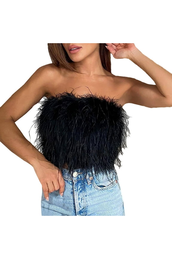 Women's Sexy Feather Crop Top Furry Faux Fur Strapless Tube Top Sleeveless Camisole for Party Clubwear