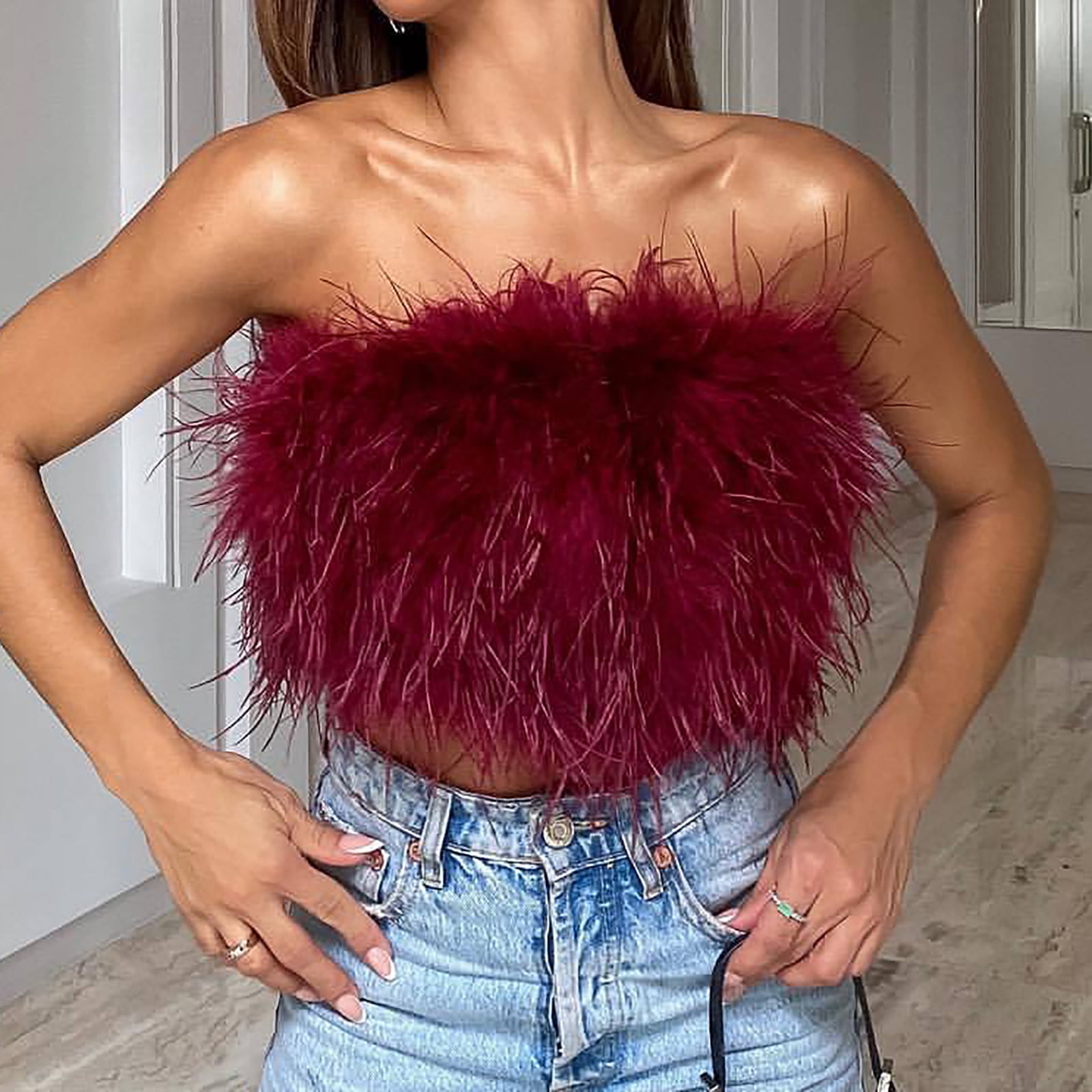 GERsome Women's Sexy Feather Crop Top Furry Faux Fur Strapless