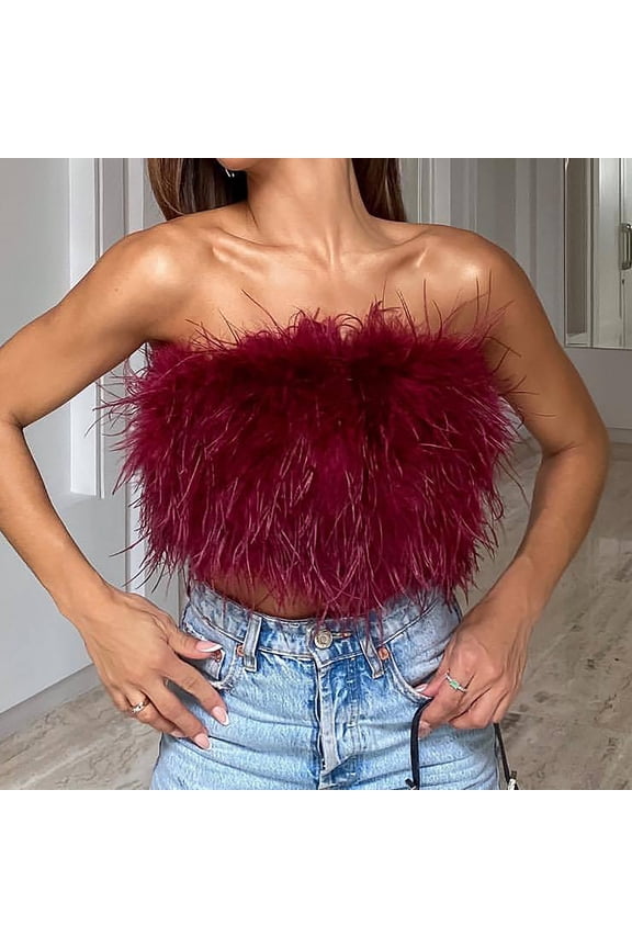 Women's Sexy Feather Crop Top Furry Faux Fur Strapless Tube Top Sleeveless Camisole for Party Clubwear