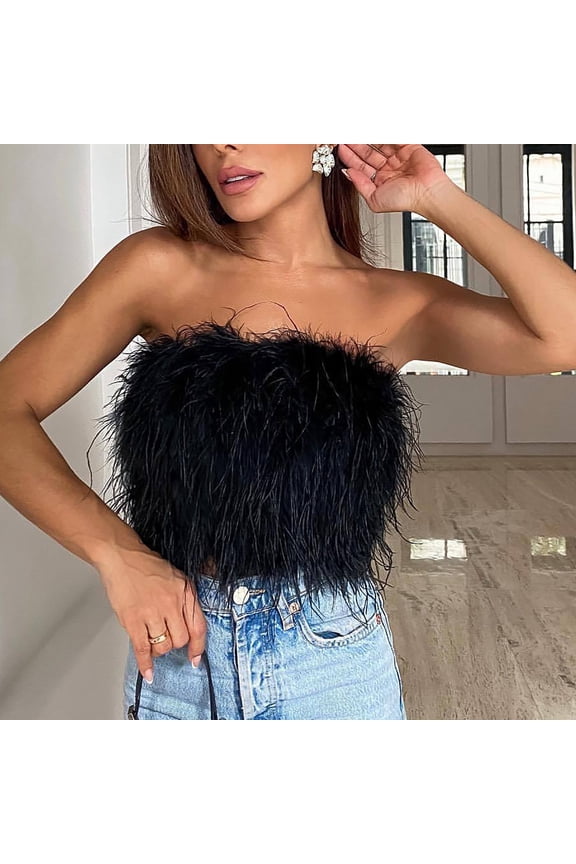 Women's Sexy Feather Crop Top Furry Faux Fur Strapless Tube Top Sleeveless Camisole for Party Clubwear