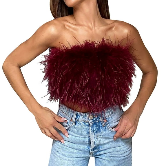 GERsome Women's Sexy Feather Crop Top Furry Faux Fur Strapless Tube Top Sleeveless Camisole for Party Clubwear