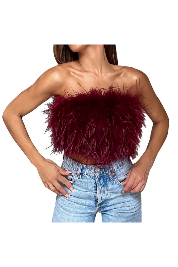 Women's Sexy Feather Crop Top Furry Faux Fur Strapless Tube Top Sleeveless Camisole for Party Clubwear