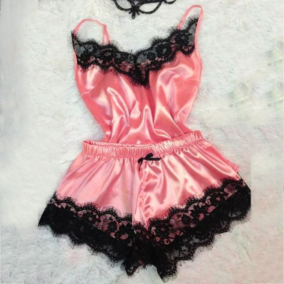 GERsome Women's Sexy Silk Satin Pajamas Sets Lace Trim Cami Tops Shorts Sleepwear