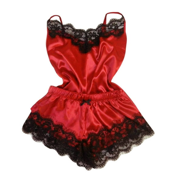 GERsome Women's Sexy Silk Satin Pajamas Sets Lace Trim Cami Tops Shorts Sleepwear
