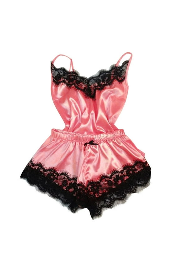 Women's Sexy Silk Satin Pajamas Sets Lace Trim Cami Tops Shorts Sleepwear