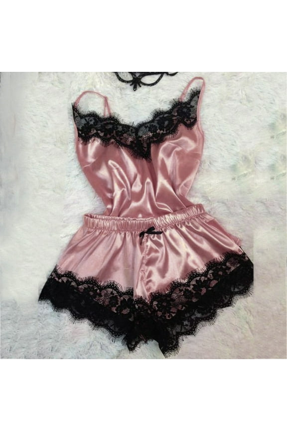 Women's Sexy Silk Satin Pajamas Sets Lace Trim Cami Tops Shorts Sleepwear