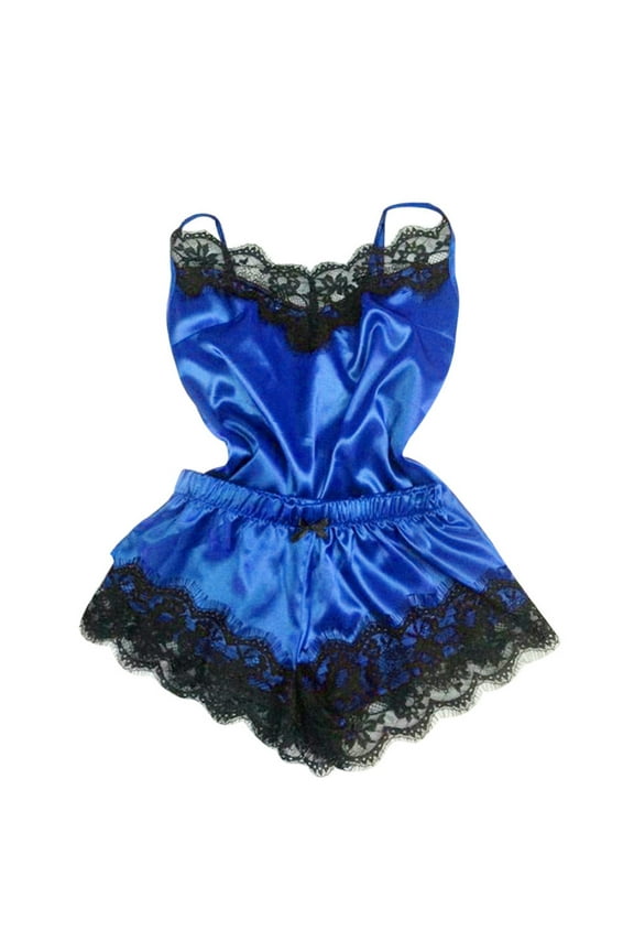 Women's Sexy Silk Satin Pajamas Sets Lace Trim Cami Tops Shorts Sleepwear