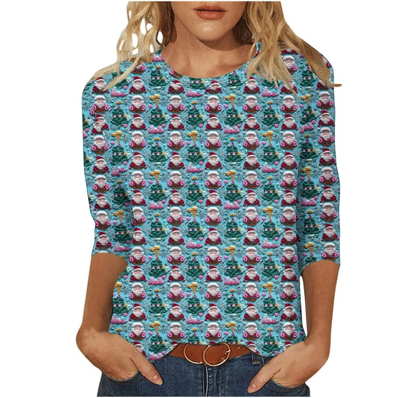 GERsome Women's Shirts Christmas Tree Graphic Tee Casual Crew Neck Pullover Tops 3/4 Sleeve Loose Soft Tshirts Xmas Shirts for Women Size 2XL
