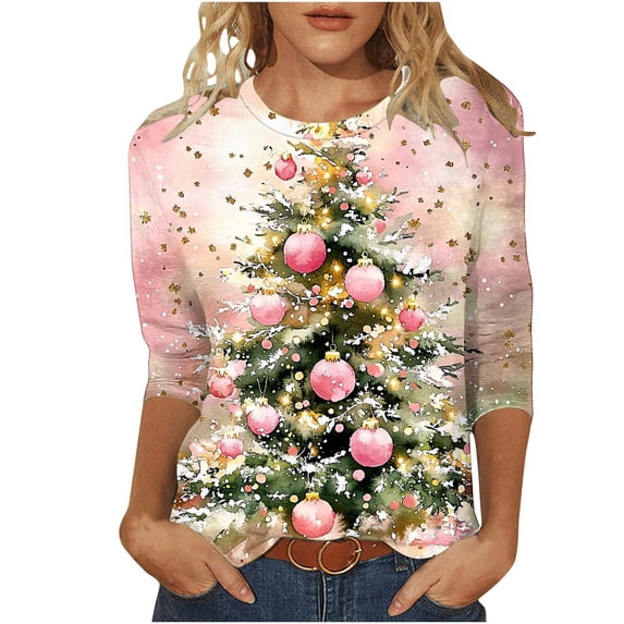 GERsome Women's Shirts Christmas Tree Graphic Tee Casual Crew Neck Pullover Tops 3/4 Sleeve Loose Soft Tshirts Xmas Shirts for Women Size 3XL